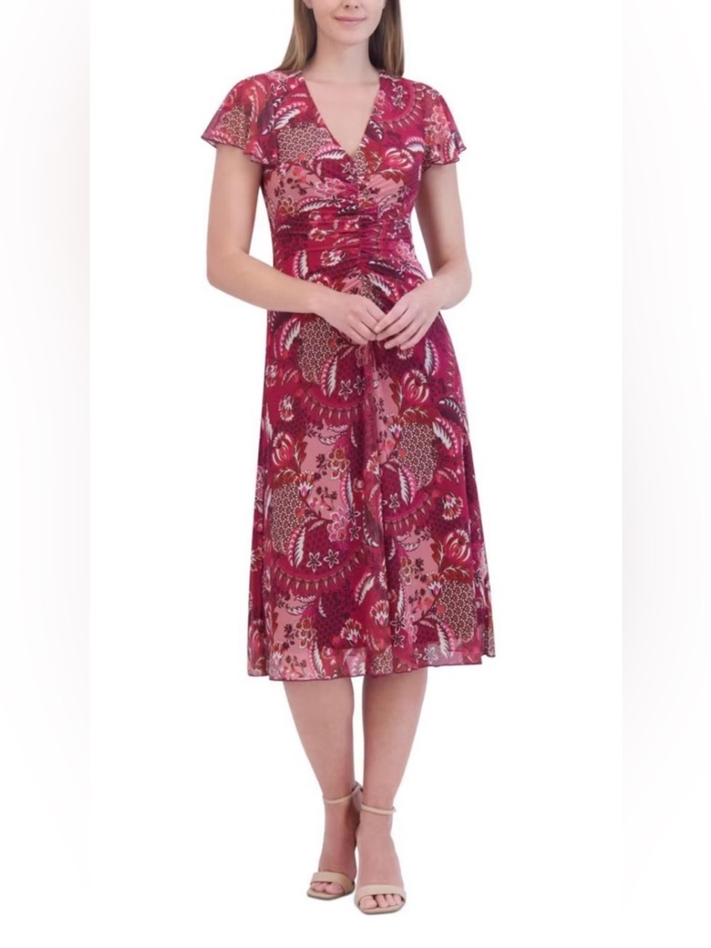 NWT JESSICA HOWARD SIZE 14 RED/PINK PAISLEY V-NECK RUCHED MIDI DRESS